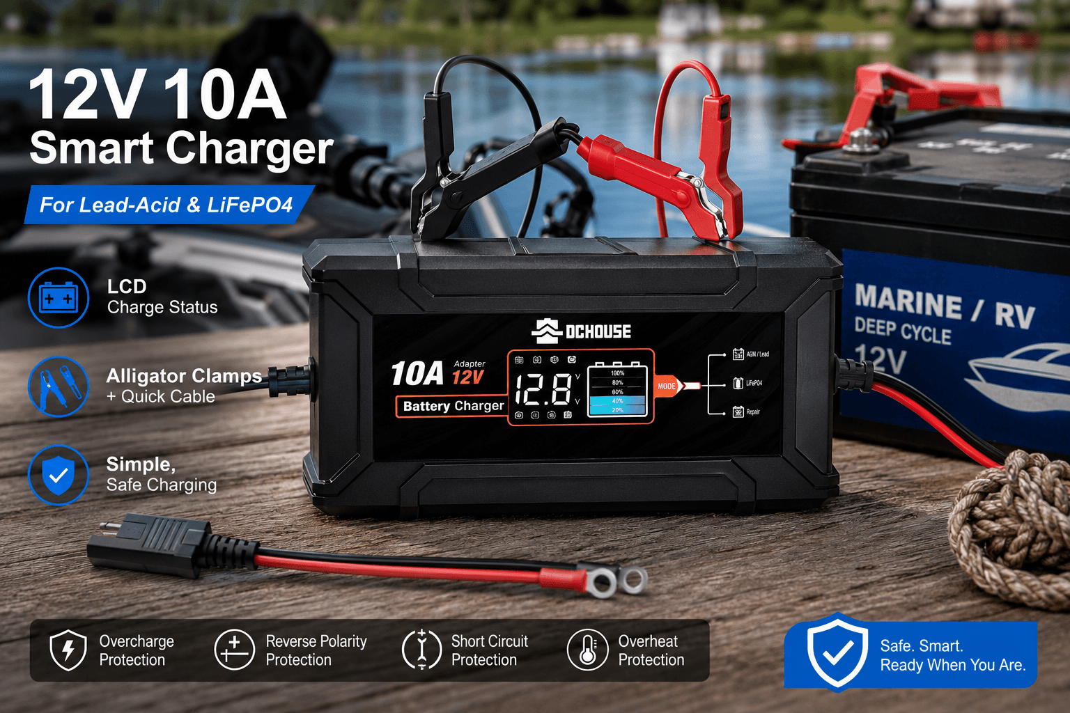 A DC HOUSE 12V 10A Smart Charger resting near a marine setting, with an LCD screen displaying the charge status and alligator clamps attached. It is advertised for lead-acid and LiFePO4 batteries with various safety protections like short circuit and overcharge protection.