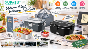 An advertising image for DUPASU electric lunch boxes, featuring grey and black 1.8L family-friendly capacity self-heating food warmers. The set includes a stainless steel inner tray filled with steamy steak, vegetables, and rice; a small fruit container with berries; a grey insulated carry bag annotated as "Portable & Easy to Carry"; a black 100W fast heating lunch box base; and two power cords for car (12V/24V) and home (110V) use, along with cutlery. The image features the brand slogan "Live a Better Life" and icons for four usage scenarios: home, office, car, and truck drivers. The main headline is "Warm Meals, Wherever Life Goes," with a sub-caption "Delicious. Convenient. Healthier You."