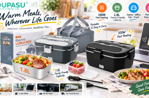 An advertising image for DUPASU electric lunch boxes, featuring grey and black 1.8L family-friendly capacity self-heating food warmers. The set includes a stainless steel inner tray filled with steamy steak, vegetables, and rice; a small fruit container with berries; a grey insulated carry bag annotated as "Portable & Easy to Carry"; a black 100W fast heating lunch box base; and two power cords for car (12V/24V) and home (110V) use, along with cutlery. The image features the brand slogan "Live a Better Life" and icons for four usage scenarios: home, office, car, and truck drivers. The main headline is "Warm Meals, Wherever Life Goes," with a sub-caption "Delicious. Convenient. Healthier You."