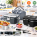 An advertising image for DUPASU electric lunch boxes, featuring grey and black 1.8L family-friendly capacity self-heating food warmers. The set includes a stainless steel inner tray filled with steamy steak, vegetables, and rice; a small fruit container with berries; a grey insulated carry bag annotated as "Portable & Easy to Carry"; a black 100W fast heating lunch box base; and two power cords for car (12V/24V) and home (110V) use, along with cutlery. The image features the brand slogan "Live a Better Life" and icons for four usage scenarios: home, office, car, and truck drivers. The main headline is "Warm Meals, Wherever Life Goes," with a sub-caption "Delicious. Convenient. Healthier You."