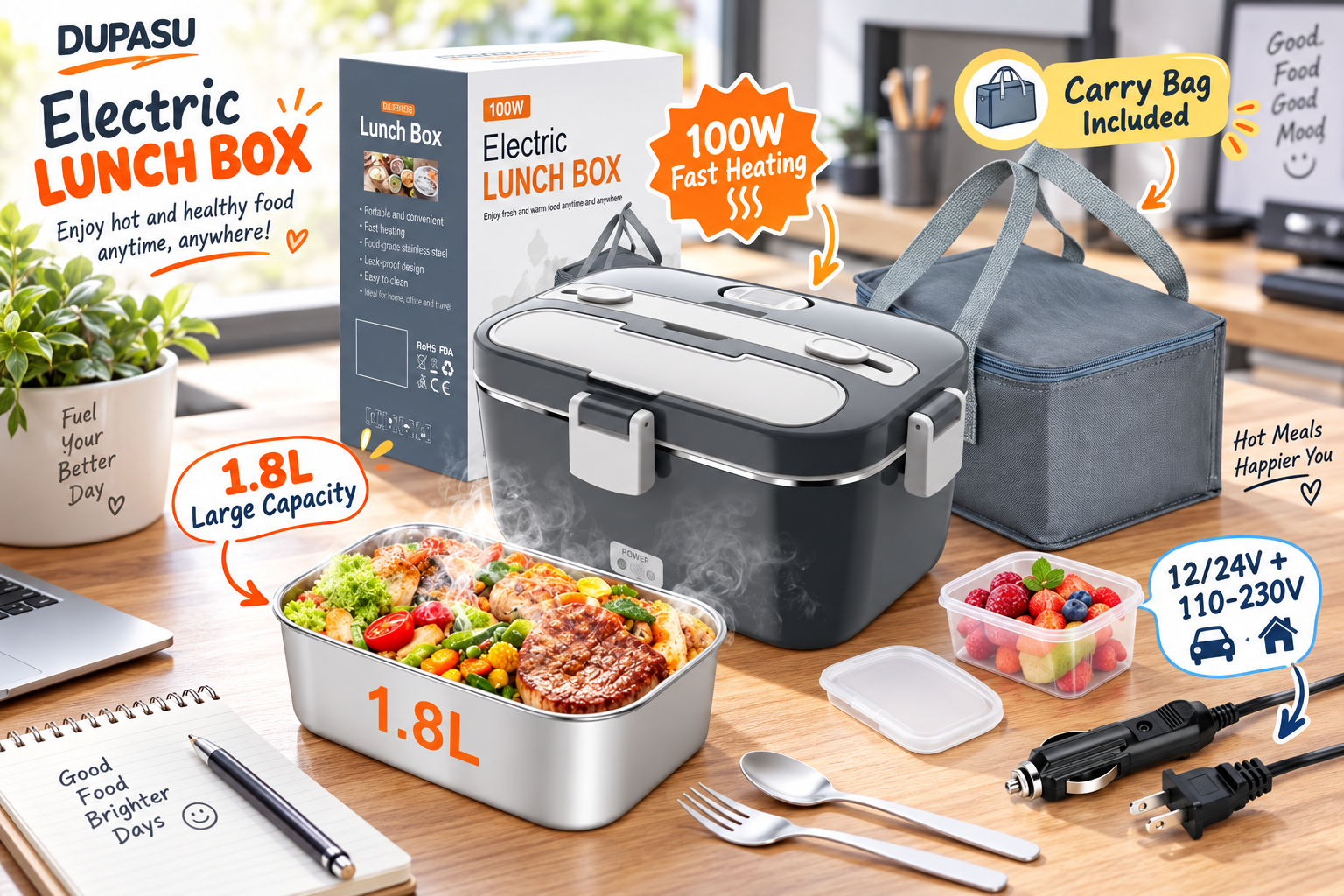 An advertising image featuring a DUPASU grey electric lunch box set up on an office desk. The grey lunch box is closed, next to a stainless steel tray filled with steamy steak, vegetables, and rice annotated as "1.8L Large Capacity". The set includes a grey insulated carry bag (with a "Carry Bag Included" tag), a small fruit container, two power cords for car and home use (annotated "12/24V + 110-230V"), and cutlery. A laptop, a notebook with "Good Food Brighter Days," and a potted plant are in the background, creating a healthy office lunch atmosphere. An orange burst sticker highlights "100W Fast Heating." The main headline is "Electric LUNCH BOX" with a caption "Enjoy hot and healthy food anytime, anywhere!"