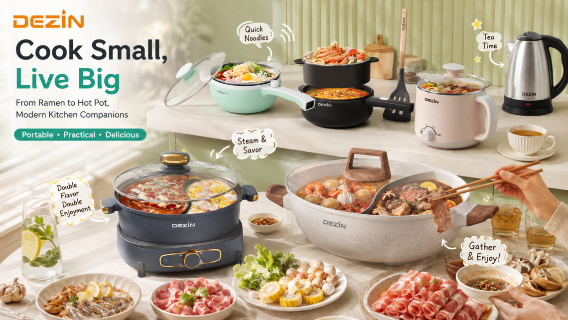 A comprehensive banner image showcasing the entire DEZIN kitchen appliance lineup arranged on a counter with various prepared foods. The text reads "DEZIN. Cook Small, Live Big," and features pointing labels like "Quick Noodles," "Steam & Savor," "Double Flavor Double Enjoyment," and "Tea Time."