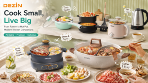 A comprehensive banner image showcasing the entire DEZIN kitchen appliance lineup arranged on a counter with various prepared foods. The text reads "DEZIN. Cook Small, Live Big," and features pointing labels like "Quick Noodles," "Steam & Savor," "Double Flavor Double Enjoyment," and "Tea Time."