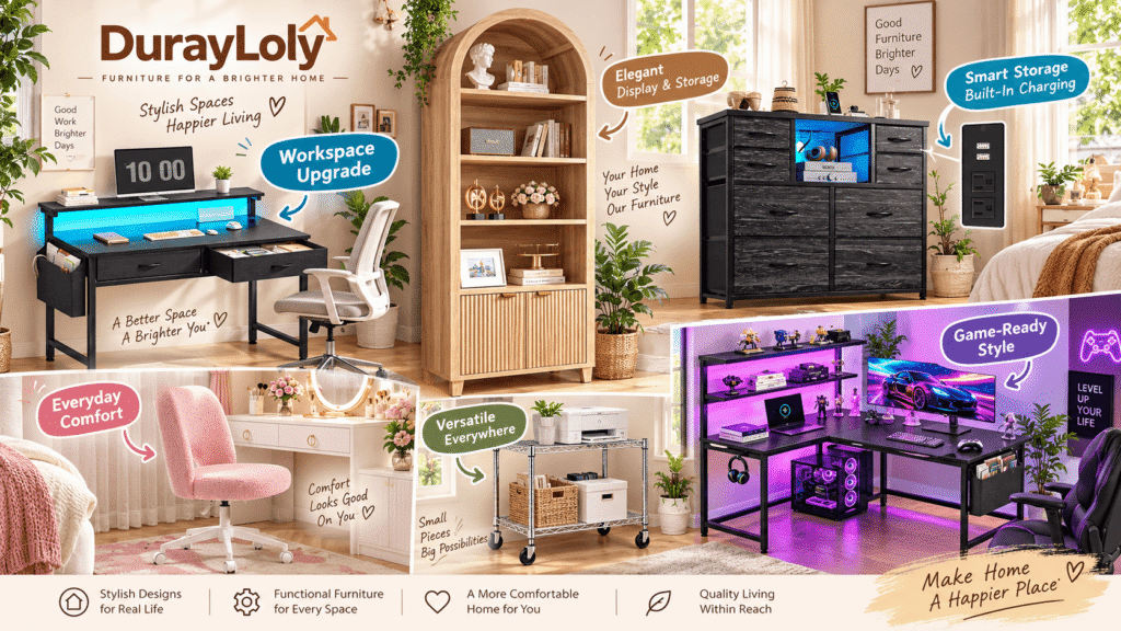 A collage of DurayLoly home furniture showcasing a home office desk, an arched display bookshelf, a 10-drawer dresser, a pink vanity chair, a wire storage shelf, and an L-shaped gaming desk in various modern room settings.