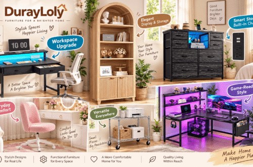 A collage of DurayLoly home furniture showcasing a home office desk, an arched display bookshelf, a 10-drawer dresser, a pink vanity chair, a wire storage shelf, and an L-shaped gaming desk in various modern room settings.