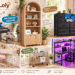A collage of DurayLoly home furniture showcasing a home office desk, an arched display bookshelf, a 10-drawer dresser, a pink vanity chair, a wire storage shelf, and an L-shaped gaming desk in various modern room settings.