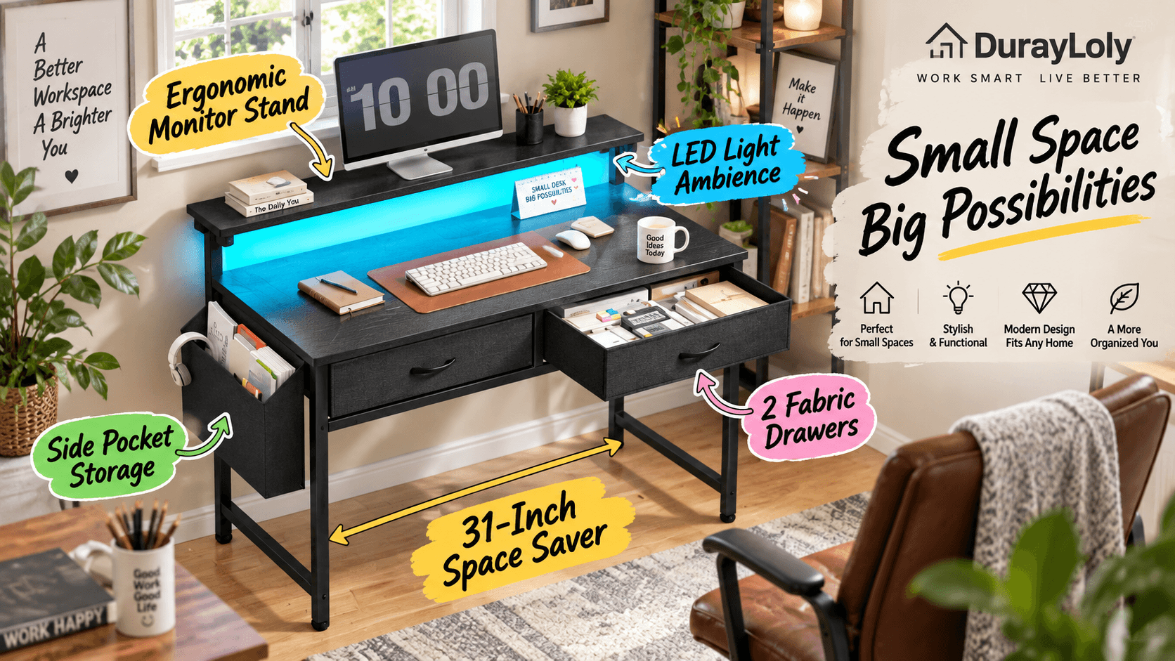 DurayLoly 31-inch black office computer desk featuring an ergonomic monitor stand, blue LED light ambiance, two fabric drawers, and side pocket storage in a cozy workspace.