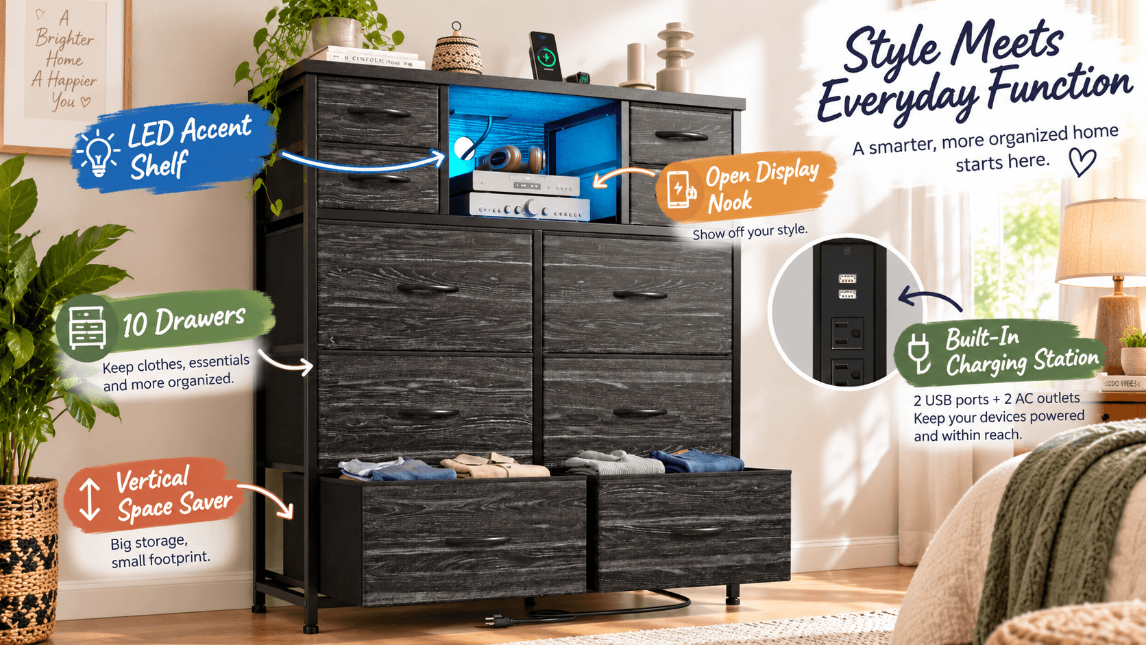 DurayLoly black bedroom dresser featuring 10 fabric drawers, an open display nook with a blue LED accent shelf, and a built-in charging station with USB ports and AC outlets.