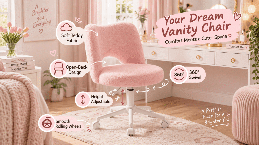 DurayLoly pink armless vanity chair made of soft teddy fabric, featuring an open-back design, adjustable height, and a 360-degree swivel base with smooth rolling wheels in a bright bedroom.