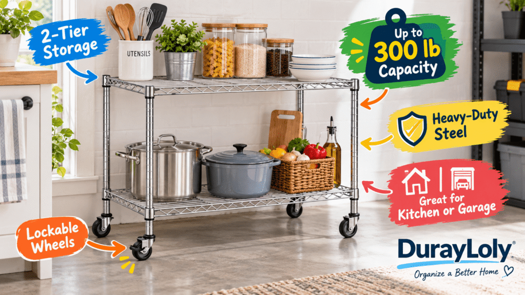 DurayLoly 2-tier heavy-duty steel wire shelving unit in chrome with lockable wheels, holding kitchen utensils, pots, and pantry items, supporting up to 300 lb capacity.