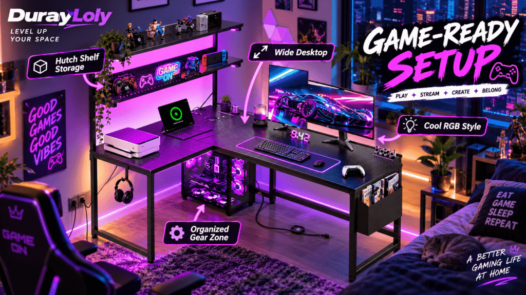 DurayLoly black L-shaped gaming desk featuring a wide desktop, top hutch shelf storage, cool purple RGB style lighting, and a dedicated PC gear zone in a modern gaming room.