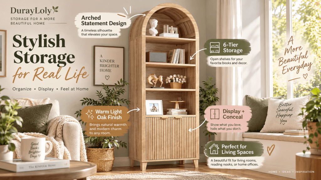 DurayLoly light oak arched cabinet featuring 6-tier storage with open shelves for display and closed ribbed doors at the bottom, placed in a bright, modern living room.