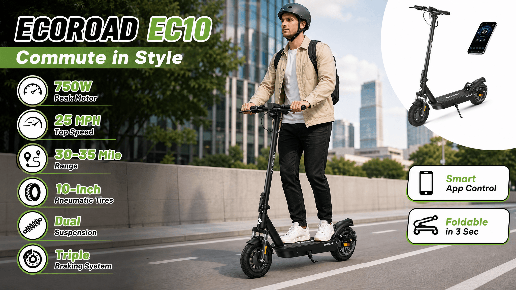 A man riding a black ECOROAD EC10 adult electric scooter on a city street, featuring text overlays highlighting specifications like a 750W peak motor, 25 MPH top speed, 30-35 mile range, dual suspension, and a triple braking system.