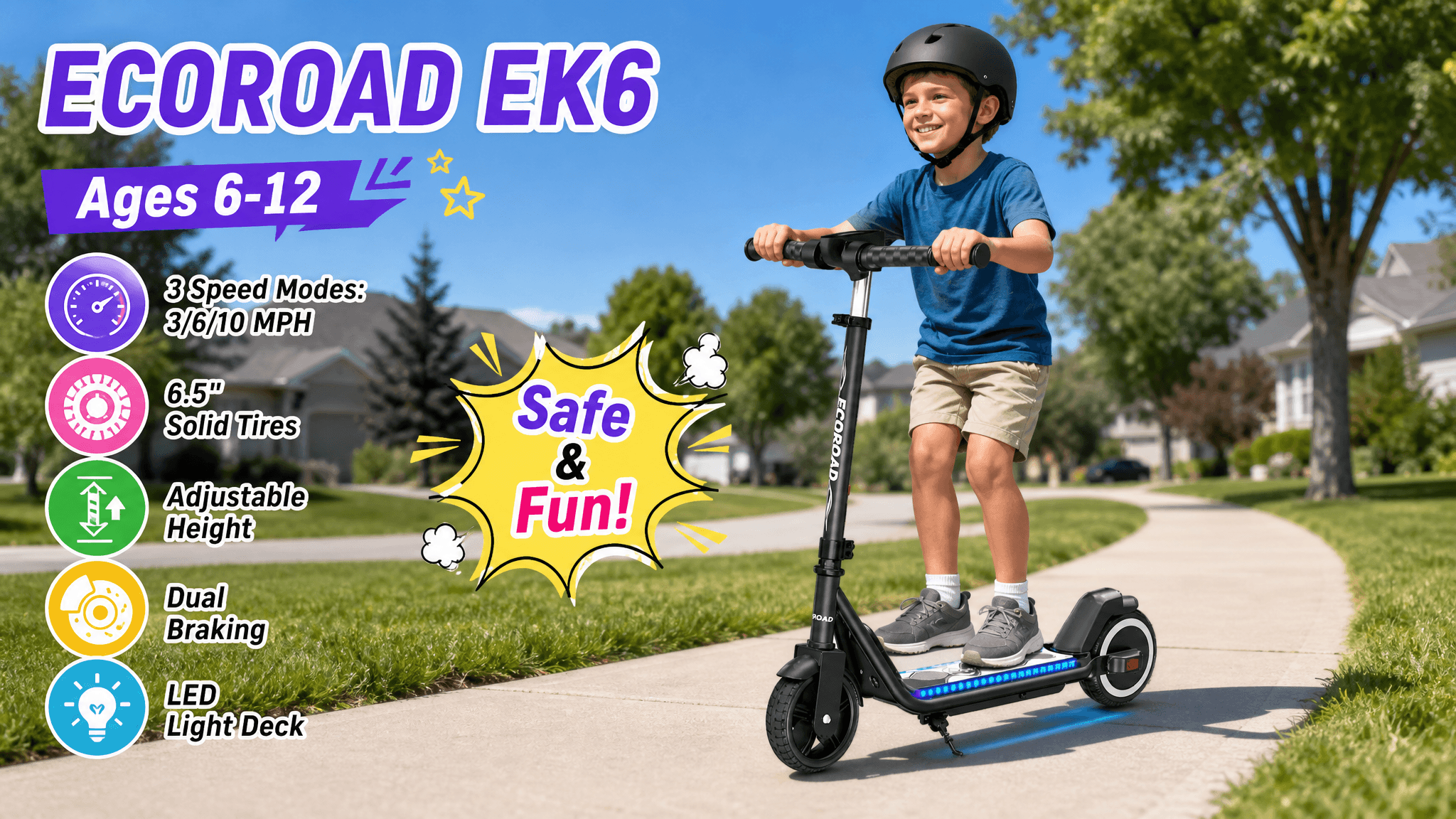 A smiling boy wearing a helmet riding an ECOROAD EK6 kids electric scooter on a suburban sidewalk, with text graphics emphasizing features for ages 6-12, including 3 speed modes, a 10 MPH top speed, adjustable height, and an LED light deck.