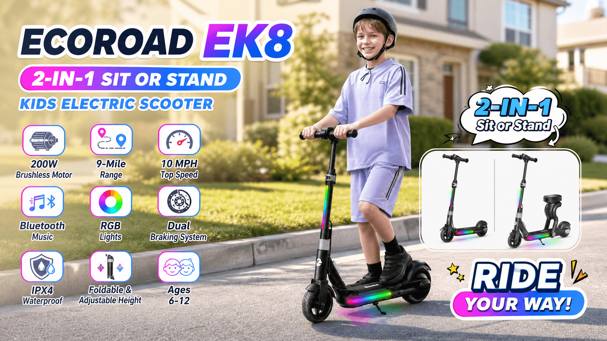 A boy wearing a helmet riding an ECOROAD EK8 2-in-1 kids electric scooter with illuminated RGB stem and deck lights, featuring text detailing a 200W motor, Bluetooth music capabilities, and an inset image illustrating the scooter's convertible sit-or-stand configurations.