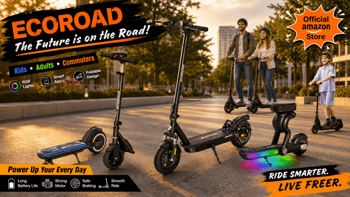 A promotional banner for ECOROAD electric scooters displaying multiple models parked in the foreground—including a seated version with RGB underglow—while a family rides in the background, accompanied by the slogan "The Future is on the Road!" and categories for kids, adults, and commuters.