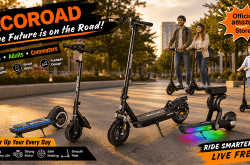 A promotional banner for ECOROAD electric scooters displaying multiple models parked in the foreground—including a seated version with RGB underglow—while a family rides in the background, accompanied by the slogan "The Future is on the Road!" and categories for kids, adults, and commuters.