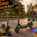 A promotional banner for ECOROAD electric scooters displaying multiple models parked in the foreground—including a seated version with RGB underglow—while a family rides in the background, accompanied by the slogan "The Future is on the Road!" and categories for kids, adults, and commuters.