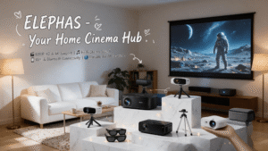 A scene in a modern and comfortable living room serving as the ELEPHAS Home Cinema Hub. A large screen displays an astronaut on the moon. Various ELEPHAS projectors (including black and white models, some on mini tripods, one in a hand) are arranged on marble platforms in the foreground. Top text features "ELEPHAS - Your Home Cinema Hub", and four icons with text detail features: "1080P HD & 4K Support", "Hi-Fi Stereo Sound", "WiFi & Bluetooth Connectivity", "Portable for All Occasions".