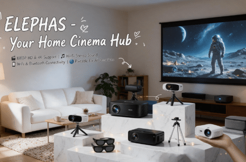 A scene in a modern and comfortable living room serving as the ELEPHAS Home Cinema Hub. A large screen displays an astronaut on the moon. Various ELEPHAS projectors (including black and white models, some on mini tripods, one in a hand) are arranged on marble platforms in the foreground. Top text features "ELEPHAS - Your Home Cinema Hub", and four icons with text detail features: "1080P HD & 4K Support", "Hi-Fi Stereo Sound", "WiFi & Bluetooth Connectivity", "Portable for All Occasions".