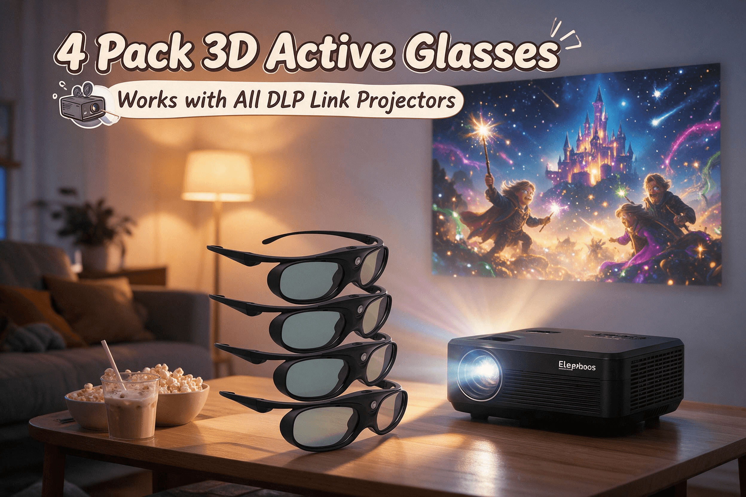 A scene for a 3D movie night. Four pairs of black 3D active glasses are neatly stacked in the foreground on a table. In the background, a projector labeled "Elephoos" projects a fantasy scene (wizards and a castle) onto a wall. Next to the glasses is a bowl of popcorn and a drink. Top large text specifies: "4 Pack 3D Active Glasses", and a subtitle says: "Works with All DLP Link Projectors".