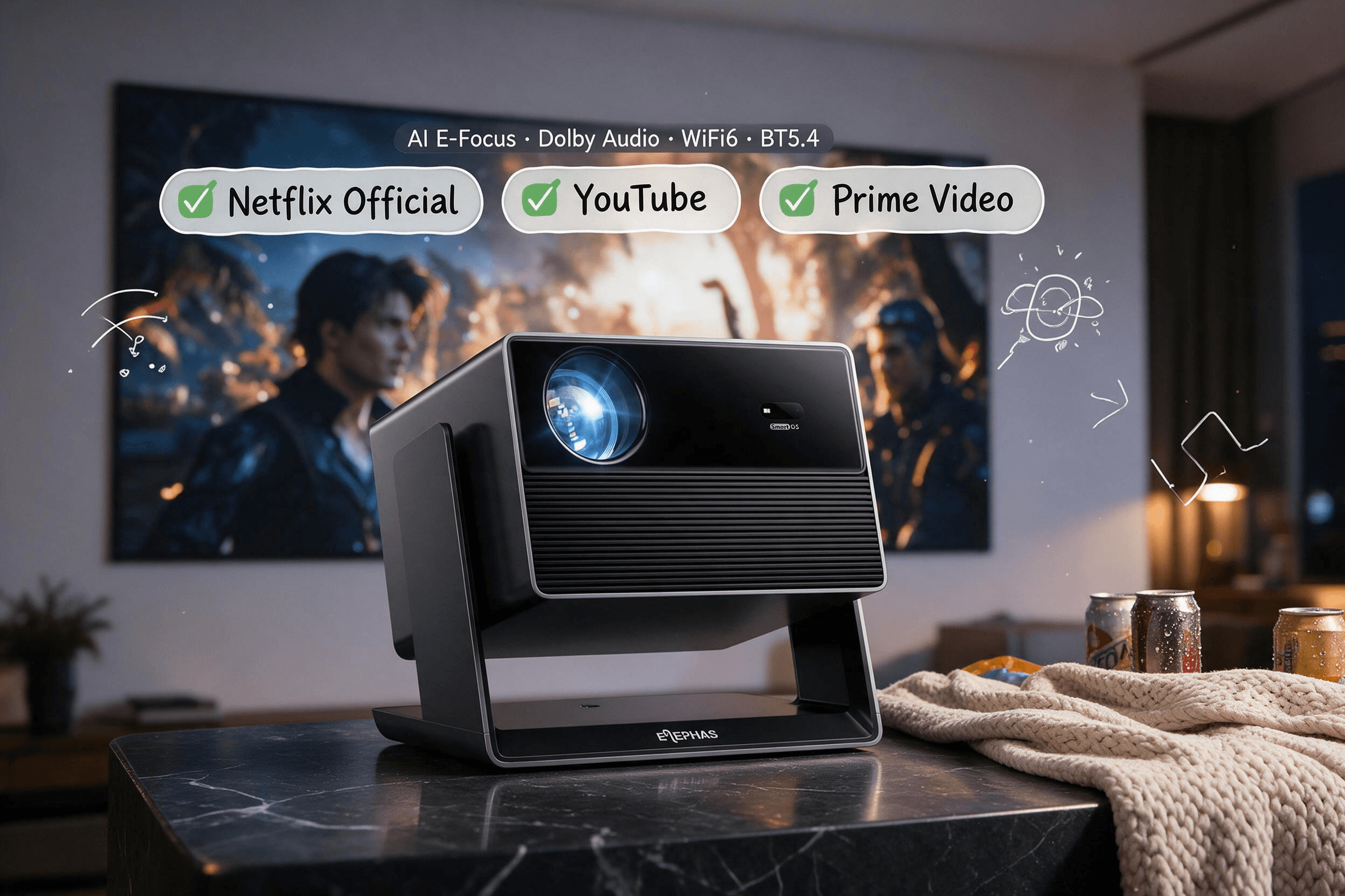 A sleek black projector with a modern industrial design sits on a textured surface (like marble or slate). The brand "ELEPHAS" is clearly visible. Top text lists features: "AI E-Focus · Dolby Audio · WiFi6 · BT5.4". Below are three streaming app bubble icons with green checkmarks: "Netflix Official", "YouTube", and "Prime Video". A blurred projection of people is in the background, with beer cans and a blanket in the foreground.