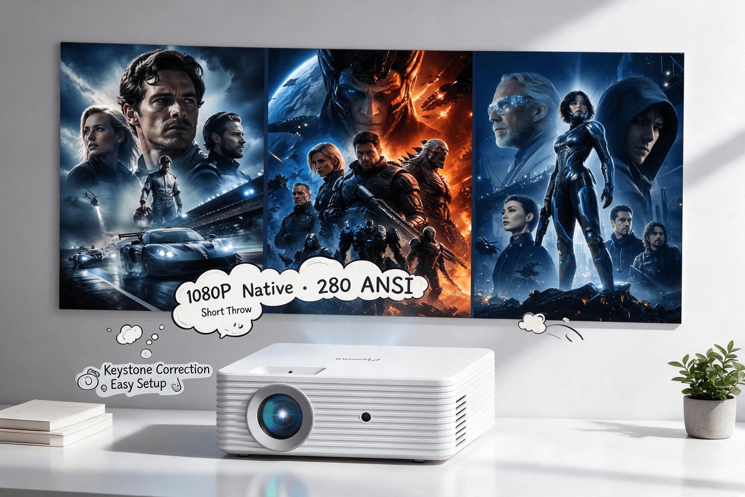 A clean desk setup with a white compact projector in the foreground. The projector casts a collage of science fiction movie posters onto the wall. A speech bubble indicates: "1080P Native · 280 ANSI Short Throw". Another bubble says: "Keystone Correction Easy Setup". A stack of books and a plant are on the desk.