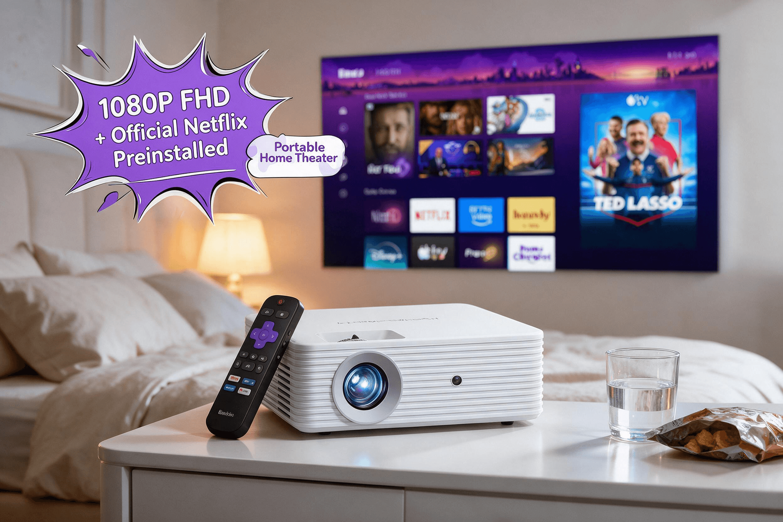 A comfortable bedroom scene with a white projector on a bedside table. The projected image on the wall is a streaming interface (Netflix style, showing a "TED LASSO" poster and various app icons). A purple burst-style speech bubble reads: "1080P FHD + Official Netflix Preinstalled". Another purple bubble says: "Portable Home Theater". A remote control, a glass of water, and snacks are in the foreground.