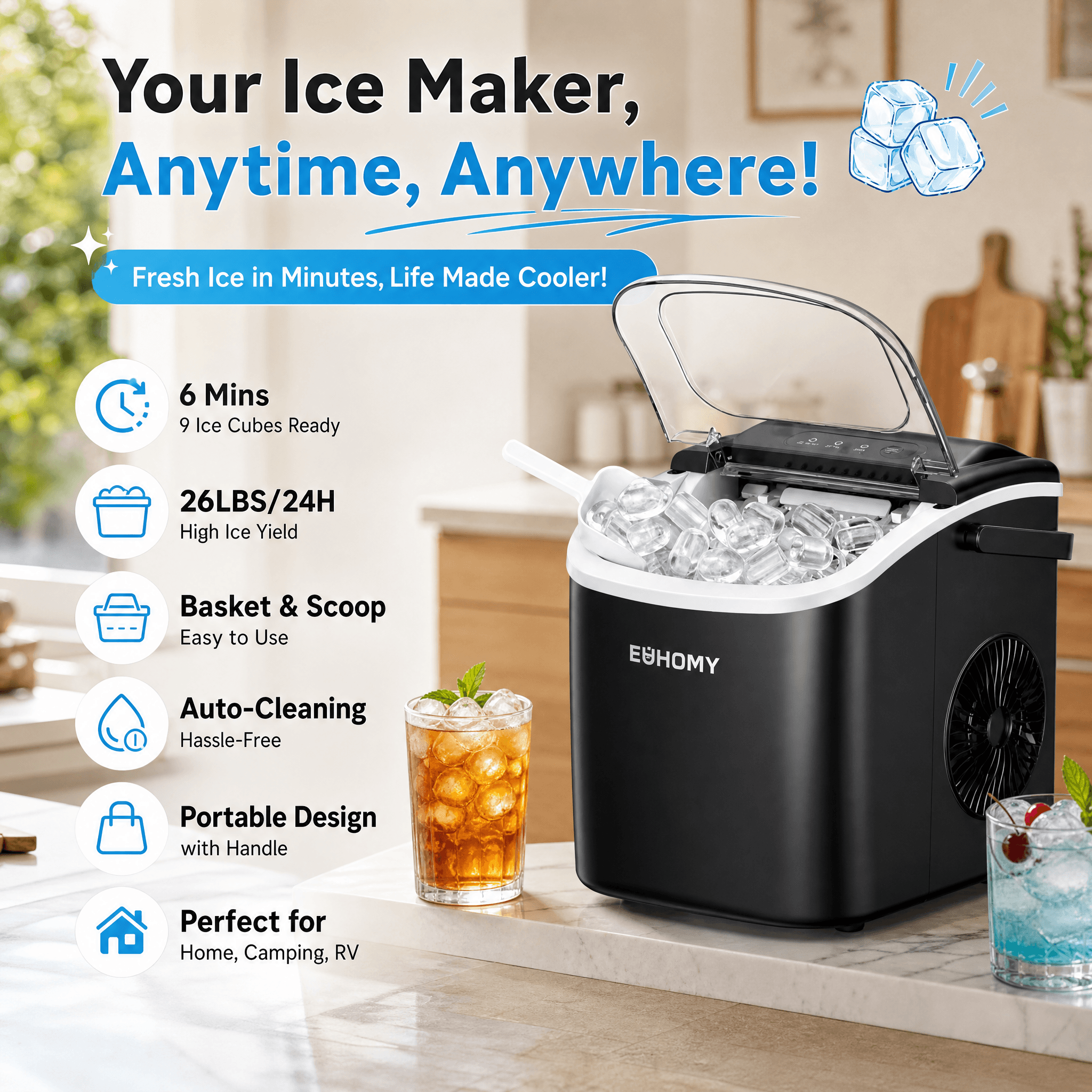A black EUHOMY countertop ice maker producing fresh ice, featuring a transparent lid, carrying handle, and control panel. The infographic highlights key features like 6-minute fast ice making for 9 cubes, 26 lbs daily yield, auto-cleaning, and a portable design perfect for home, camping, or RV use, accompanied by two glasses of iced beverages.