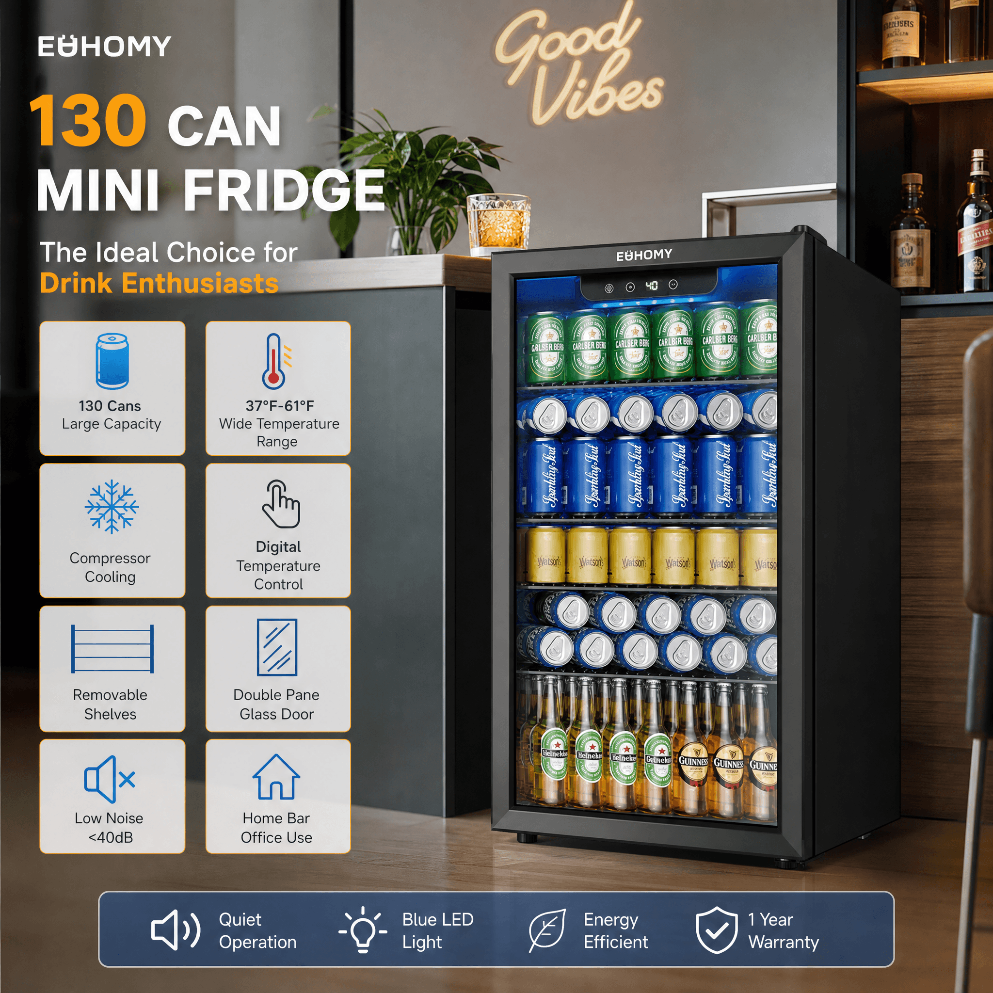 A black EUHOMY 130-can mini fridge with a transparent double-pane glass door, fully stocked with neatly arranged sodas and beers. The details showcase its 37°F-61°F wide temperature range, compressor cooling, digital controls, blue LED light, removable shelves, and quiet operation under 40dB, making it an ideal choice for home bars and offices.