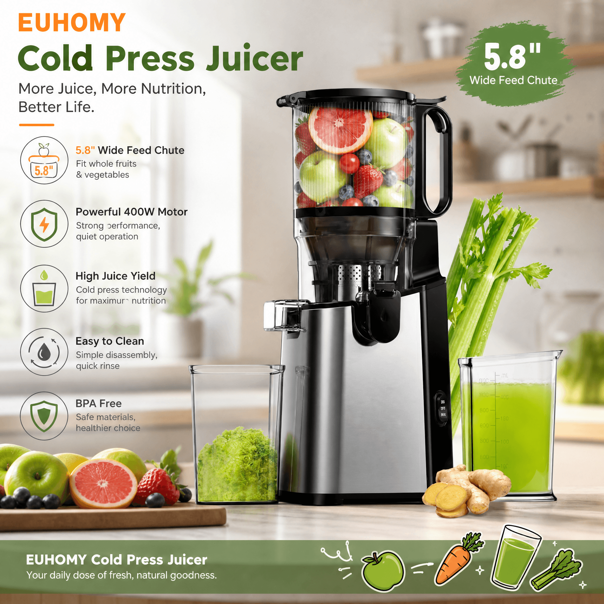 A sleek stainless steel and black EUHOMY cold press juicer with a large 5.8-inch wide feed chute, loaded with whole fruits like apples and strawberries. Key highlights include a powerful 400W motor, high juice yield via cold press technology, easy cleaning, and BPA-free materials, alongside fresh celery and ginger on the counter.