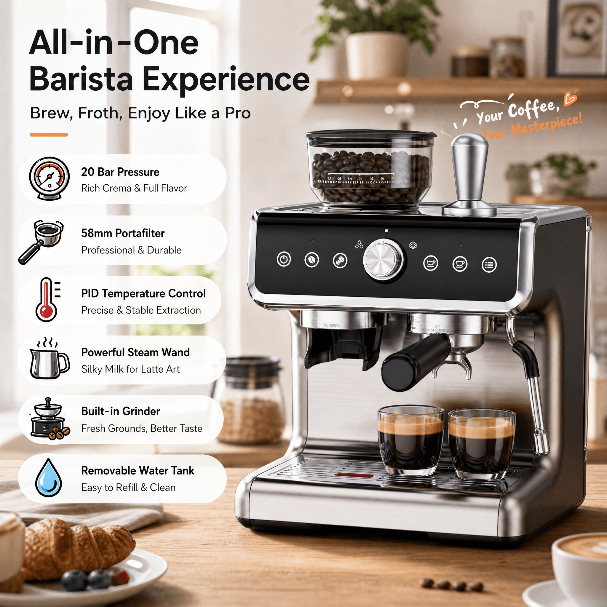 A premium stainless steel EUHOMY espresso machine actively brewing two shots of espresso with rich crema into glass cups. The infographic highlights an all-in-one barista experience featuring 20-bar pressure, a built-in bean grinder, a 58mm professional portafilter, PID temperature control, a steam wand for latte art, and a removable water tank.