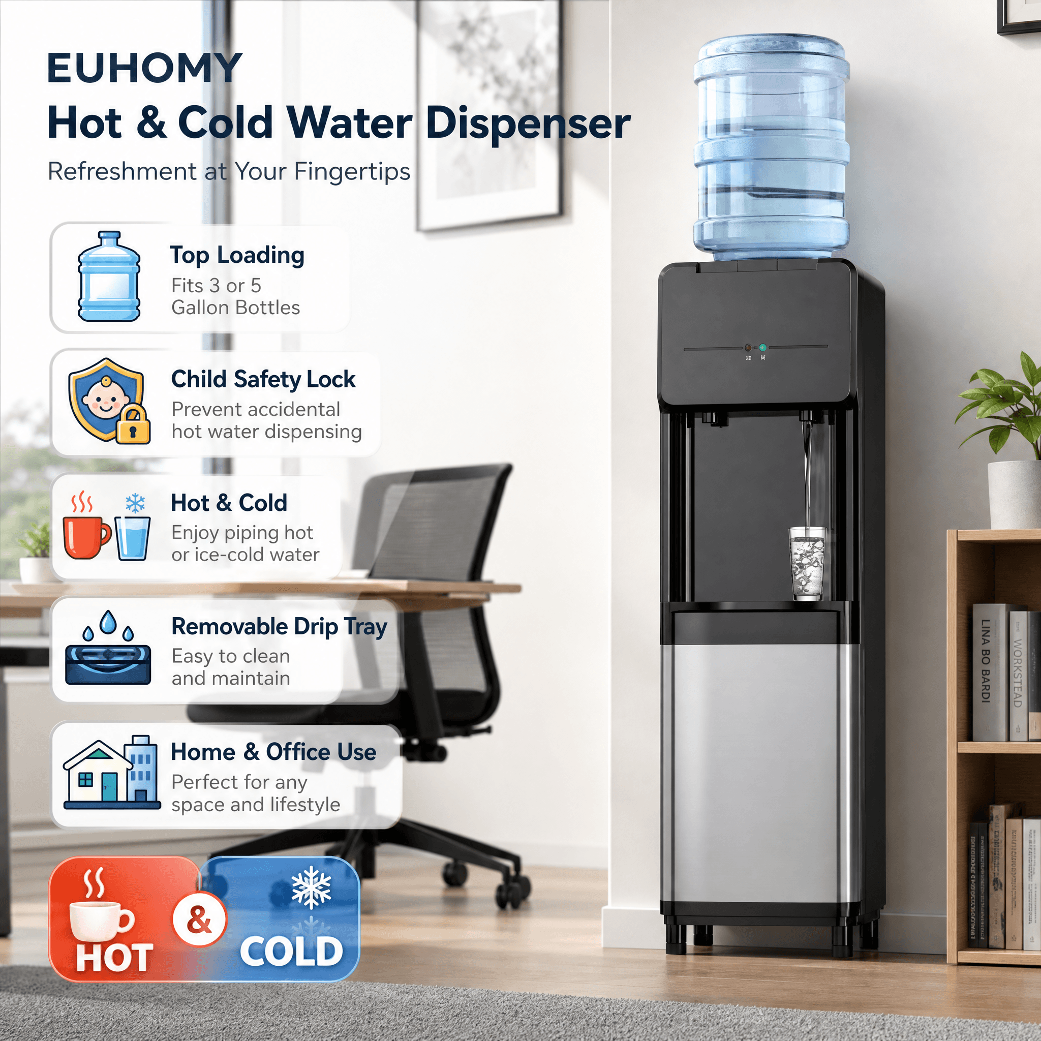 A modern black and silver EUHOMY top-loading water dispenser equipped with a large blue water bottle, placed in a contemporary home office setting. The descriptive text points out its compatibility with 3 or 5-gallon bottles, a child safety lock for hot water, dual hot and cold dispensing capabilities, and an easy-to-clean removable drip tray.