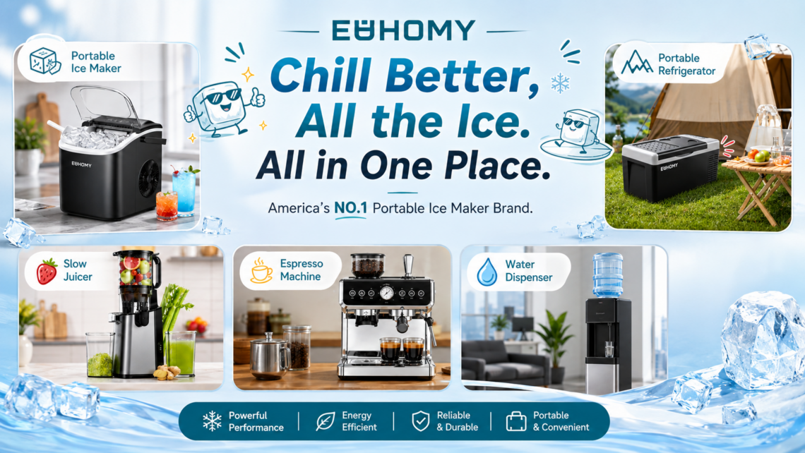 A vibrant promotional brand banner for EUHOMY featuring the slogans "Chill Better, All the Ice. All in One Place." and "America's NO.1 Portable Ice Maker Brand." It visually categorizes and showcases five core products: a Portable Ice Maker, a Portable Refrigerator, a Slow Juicer, an Espresso Machine, and a Water Dispenser, while highlighting brand pillars like Powerful Performance, Energy Efficient, Reliable & Durable, and Portable & Convenient.