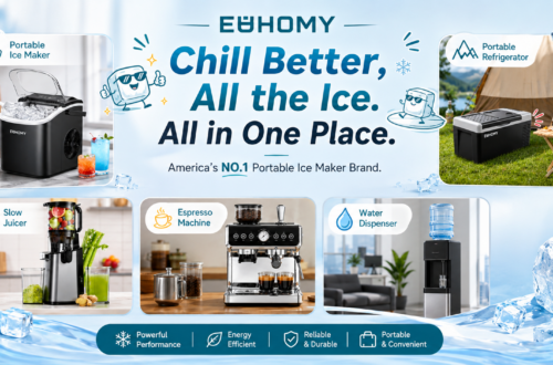 A vibrant promotional brand banner for EUHOMY featuring the slogans "Chill Better, All the Ice. All in One Place." and "America's NO.1 Portable Ice Maker Brand." It visually categorizes and showcases five core products: a Portable Ice Maker, a Portable Refrigerator, a Slow Juicer, an Espresso Machine, and a Water Dispenser, while highlighting brand pillars like Powerful Performance, Energy Efficient, Reliable & Durable, and Portable & Convenient.