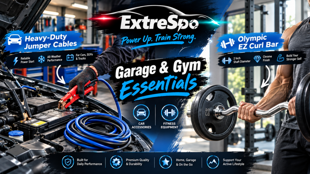 ExtreSpo promotional hero image featuring heavy-duty blue and black jumper cables beside an open car hood and an Olympic EZ curl bar in a modern gym, with bold blue graphic accents highlighting automotive accessories, fitness equipment, durability, and everyday performance.