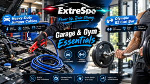 ExtreSpo promotional hero image featuring heavy-duty blue and black jumper cables beside an open car hood and an Olympic EZ curl bar in a modern gym, with bold blue graphic accents highlighting automotive accessories, fitness equipment, durability, and everyday performance.