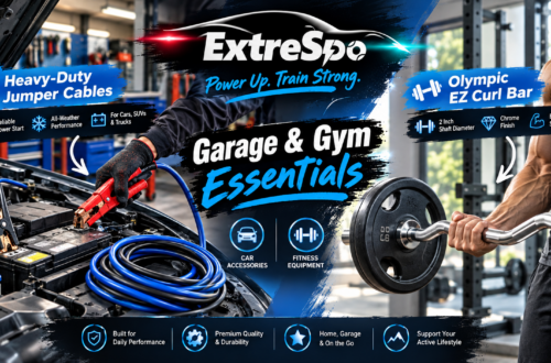 ExtreSpo promotional hero image featuring heavy-duty blue and black jumper cables beside an open car hood and an Olympic EZ curl bar in a modern gym, with bold blue graphic accents highlighting automotive accessories, fitness equipment, durability, and everyday performance.