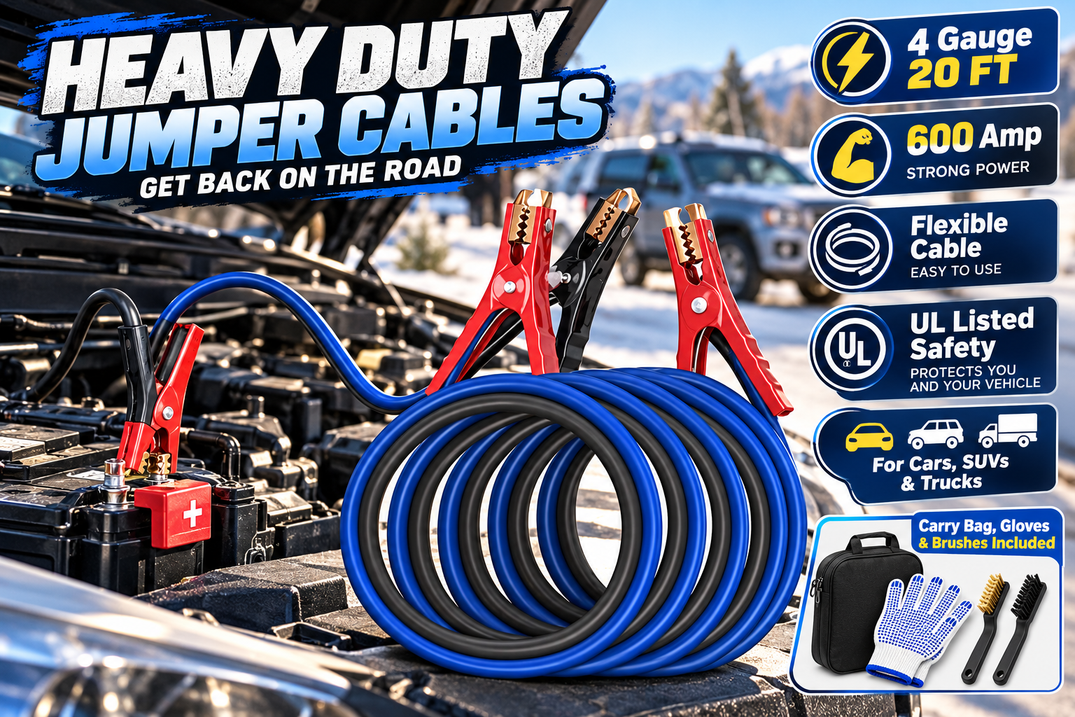 Heavy-duty blue and black jumper cables shown beside an open vehicle battery in a snowy roadside setting, with red and black clamps and graphic callouts highlighting 4-gauge 20-foot construction, 600-amp power, flexible cable design, vehicle compatibility, and included accessories.