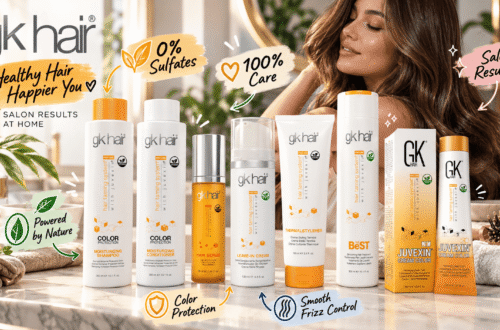 GK Hair product collection displayed on a bright salon vanity with a woman showing glossy brown hair. The image highlights salon results at home, sulfate-free care, color protection, frizz control, and nature-inspired hair care.