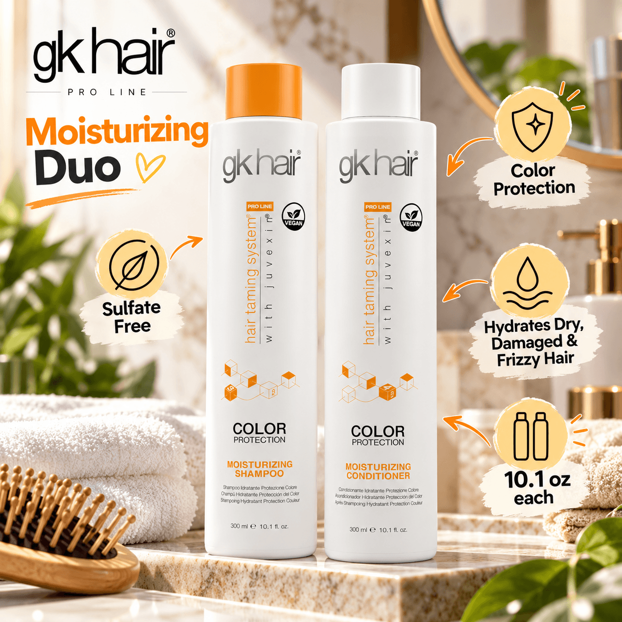 GK Hair Moisturizing Shampoo and Conditioner duo displayed in a warm bathroom setting. Graphic callouts highlight color protection, sulfate-free cleansing, hydration for dry and frizzy hair, and 10.1 oz bottles.