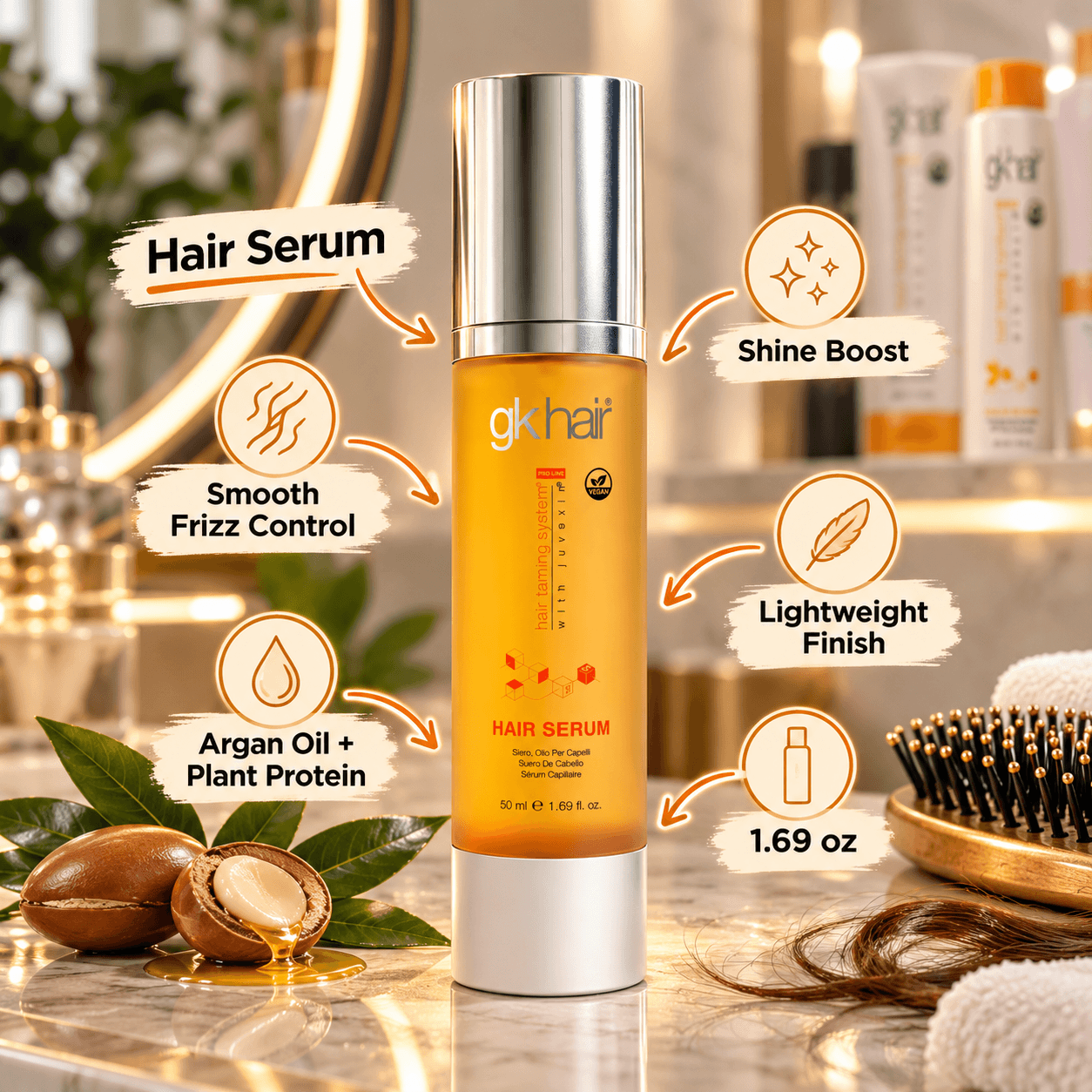 GK Hair Serum in an amber bottle with silver cap displayed on a salon vanity beside argan nuts and a hairbrush. Callouts highlight shine, frizz control, lightweight finish, argan oil and plant protein, and 1.69 oz size.