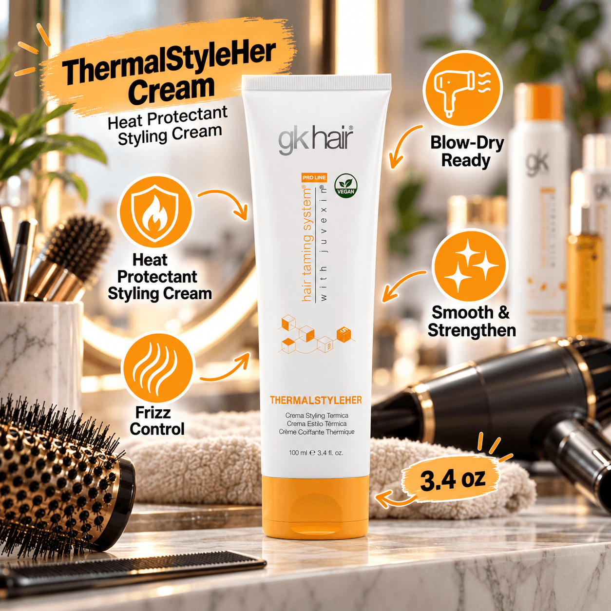 GK Hair ThermalStyleHer heat protectant styling cream displayed beside a hair dryer and styling brushes. Callouts highlight blow-dry preparation, heat protection, frizz control, smoothing and strengthening, and 3.4 oz size.
