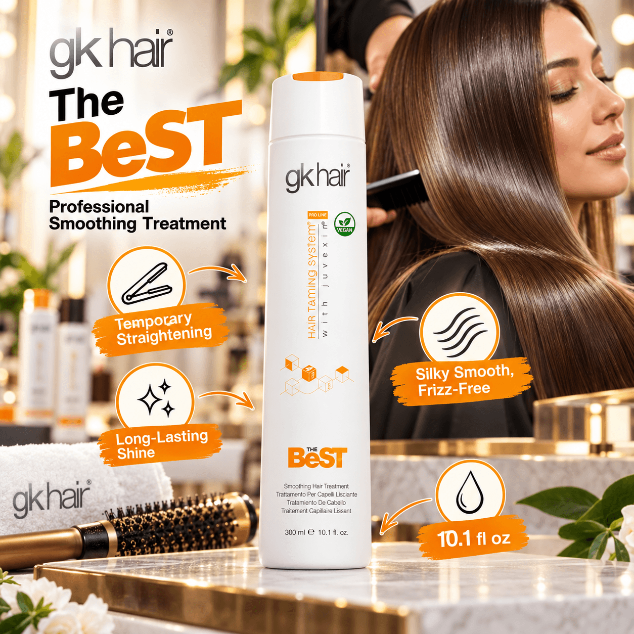 GK Hair The Best professional smoothing treatment displayed in a salon while a stylist works on glossy straight brown hair. Graphic notes highlight temporary straightening, long-lasting shine, silky frizz-free results, and 10.1 fl oz size.
