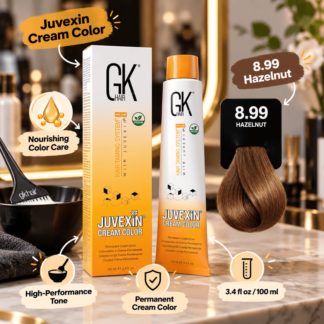 GK Hair Juvexin Cream Color in shade 8.99 Hazelnut displayed with its box, color swatch, mixing bowl and brush in a salon setting. Callouts highlight permanent cream color, nourishing color care, high-performance tone, and 3.4 fl oz size.
