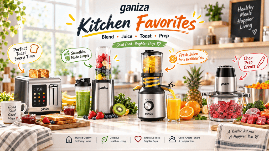A vibrant kitchen counter displaying Ganiza's Kitchen Favorites collection, including a smart toaster, personal blender, cold press juicer, and food processor, surrounded by fresh fruits, vegetables, and toast.