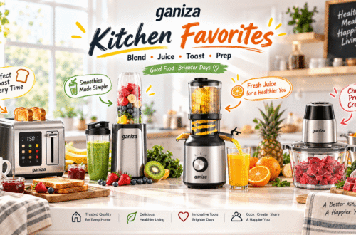 A vibrant kitchen counter displaying Ganiza's Kitchen Favorites collection, including a smart toaster, personal blender, cold press juicer, and food processor, surrounded by fresh fruits, vegetables, and toast.