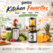 A vibrant kitchen counter displaying Ganiza's Kitchen Favorites collection, including a smart toaster, personal blender, cold press juicer, and food processor, surrounded by fresh fruits, vegetables, and toast.