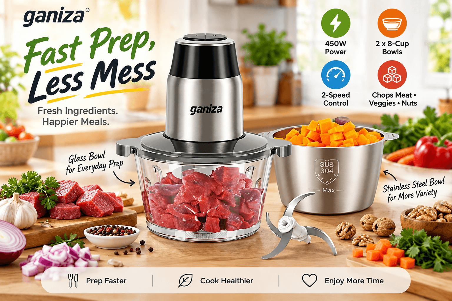 Ganiza 450W Food Processor featuring a glass bowl filled with raw meat and a stainless steel bowl with diced carrots, emphasizing fast prep and less mess.