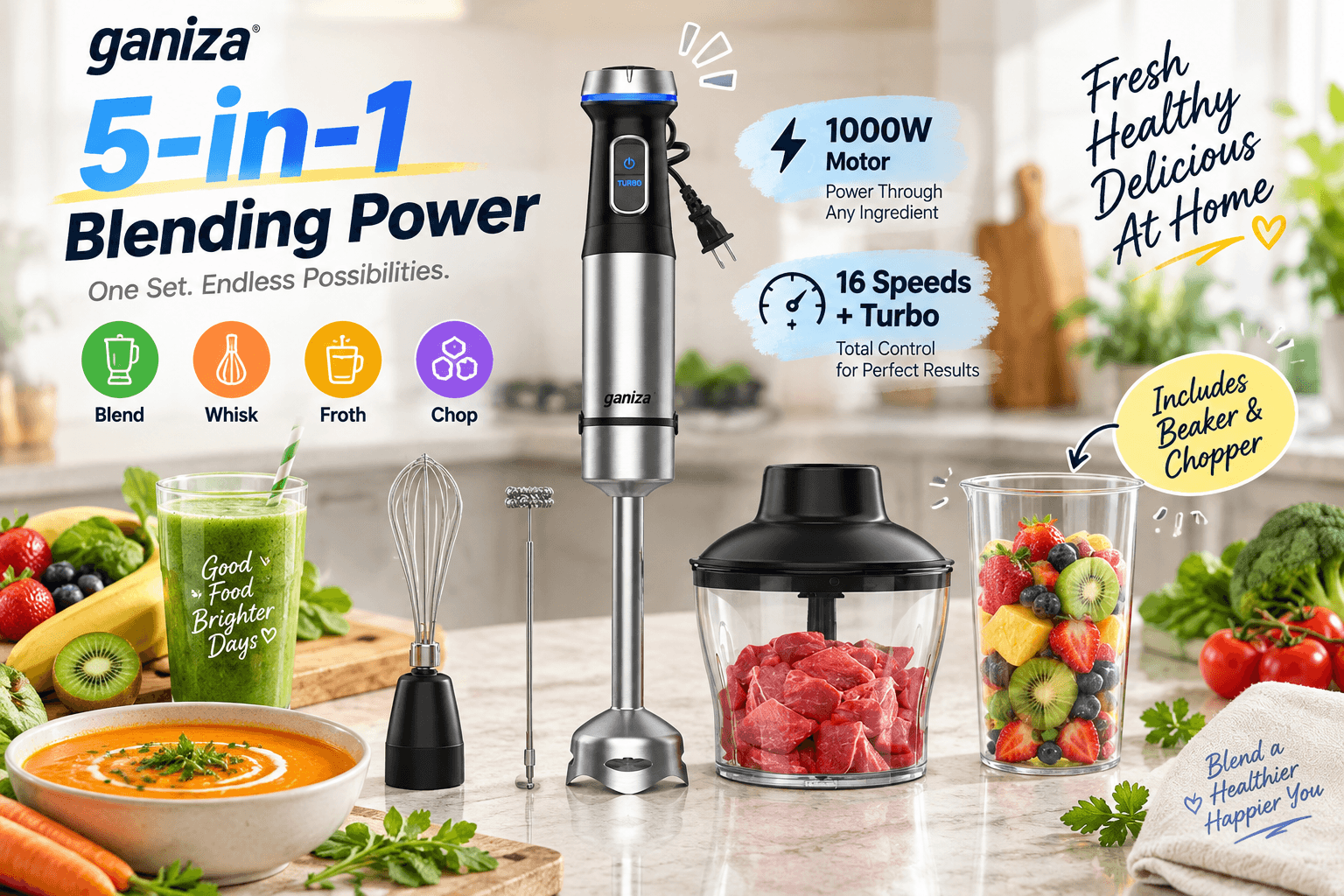Ganiza 5-in-1 Immersion Blender set with a 1000W motor, showing various attachments like a whisk, frother, beaker, and food chopper alongside fresh soup and smoothies.